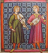 Musicians playing the Spanish vihuela, one with a bow, the other plucked by hand, in the Cantigas de Santa Maria of Alfonso X of Castile, 13th century Vihuela de arco y vihuela de penola en las Cantigas.jpg