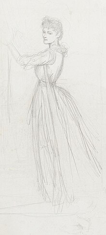 Pencil sketch of a woman in a long dress, facing left and with her left arm raised, looking at what is probably herself in a mirror so she can draw a self-portrait