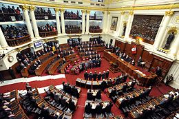 The Congress of the Republic of Peru, the country's national legislature, meets in the Legislative Palace in 2010. Vista panoramica del Hemiciclo de sesiones del Congreso del Peru.jpg