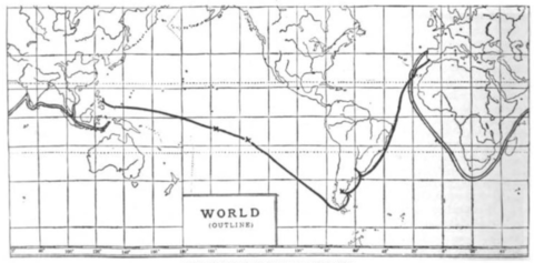 Magellan's voyages; the double line represents Magellan's trip from Portugal to the Moluccas. The single line traces his long, continuous voyage from Spain to the Philippines. Voyages of Magellan.png