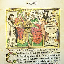 Woodcut illustration of Constance of Sicily, her husband Emperor Henry VI and her son Frederick II Woodcut illustration of Constance of Sicily, her husband HRE Henry VI and her son HRE Frederick II - Penn Provenance Project.jpg