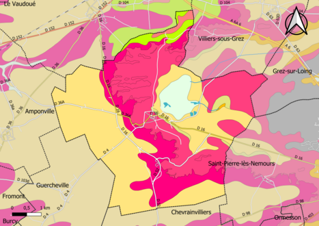 Carte montrant en couleurs le zonage géologique simplifié d'une commune