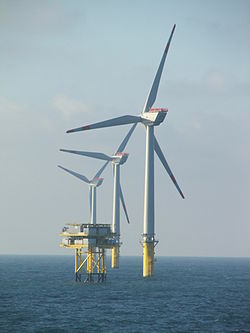 Wind turbines and electrical substation of Alpha Ventus Offshore Wind Farm in the North Sea Alpha Ventus Windmills.JPG