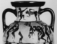 At the top of the image a male guides their penis towards a second male. Below are Komast dancers. Below and right is sex between a female and a male. Amphora. Timiades Painter. Date: around: 570 - 560 BCE. Amphora - ceramic - 1.png