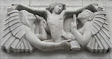 Ariel between Wisdom and Gaiety with the Latin inscription obsculta, a word that doesn't mean just 'listen', but also 'obey' by Eric Gill, Broadcasting House, 1932. Ariel between Wisdom and Gaiety.jpg
