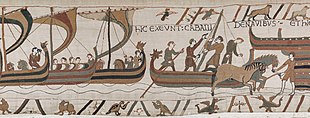 Landing in England scene from the Bayeux Tapestry, depicting ships coming in and horses landing BayeuxTapestry39.jpg