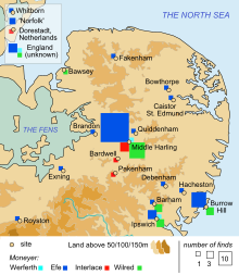 Carte montrant les plus grosses concentrations de pièces à Middle Harling, dans le centre de l'Est-Anglie, et Burrow Hill, dans le sud-est