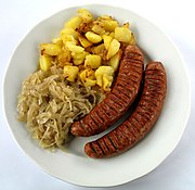 Bratwurst with sauerkraut and potatoes