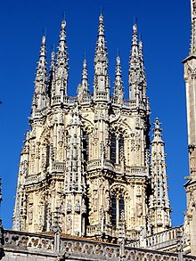 The octagonal tower of Burgos Cathedral (1221-1260), with an array of pinnacles Burgos - Catedral 164 - cimborrio.jpg