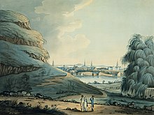 A 1798 watercolor of Collect Pond. Bayard's Mount, a 110-foot (34 m) hillock, is in the left foreground. Prior to being levelled around 1811 it was located near the current intersection of Mott and Grand Streets. Collect Pond-Bayard Mount-NYC (cropped).jpg