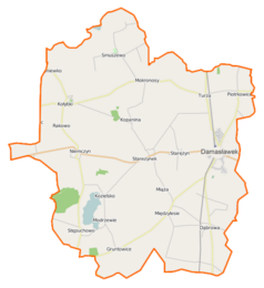Mapa konturowa gminy Damasławek, po lewej znajduje się punkt z opisem „Rakowo”