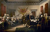 존 트럼블(John Trumbull)의 "독립 선언"(Declaration of Independence), 애덤스는 리차드 헨리 리(Richard Henry Lee)의 오른쪽 앞줄에 다리를 꼬고 앉아있다.[17]