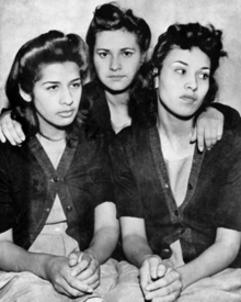 Pachucas are often ignored in narratives of Mexican American history because of their challenge to gender norms and were treated as "dangerously masculine [and] monstrously feminine." Dora Barrios, Frances Silva, and Lorena Encinas.png
