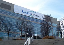 The arena in Salt Lake City pictured in 2006, a temporary banner covering the previous branding Energysolutionsarena.jpg