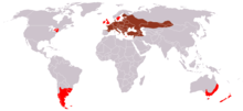 European Hare range (dark red - native, red - introduced)