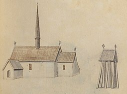 Den tidigare kyrkan på teckning omkring 1670. [1]