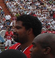 Jonathan Ogden at the 2006 Pro Bowl. Ogden played offensive tackle for the Ravens from 1996 through 2007 and was elected to the Pro Football Hall of Fame in 2013. Jonathan Ogden.jpg
