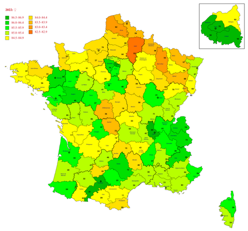 ОПЖ в департаментах метрополии Франции в 2022 для мужчин и женщин[2] 
