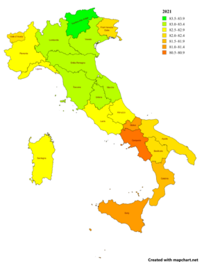 Life expectancy map of Italy 2021 -regions, names.png