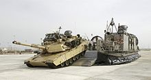 A Marine M1A1 offloading from a Landing Craft Air Cushioned vehicle M1 strategic mobility.jpg
