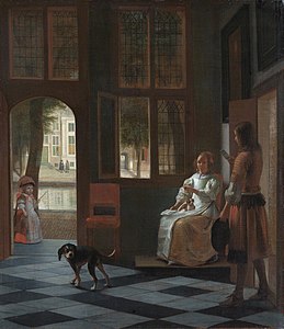 ”Mies ojentaa naiselle kirjeen eteishallissa”, 1670, 68 × 59 cm, Rijksmuseum, Amsterdam.[29]