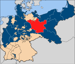 Brandenburg markerat i rött på kartan över Preussen (blått) och Tyska kejsardömet (beige).