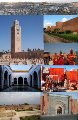 Clockwise, from top: Djamâa el Fna, Saadian wall, Musicians on Djamâa el Fna, Local handicraft, Bab Agnaou, Saadian tombs, Ben Youssef Medersa, Koutoubia Mosque.