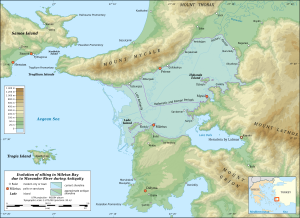 Мапа району битви, на якій неподалік від Мілету позначений острів Ладе (зеленкуватим кольором навколо острова показана колишня акваторія, занесена Меандром)