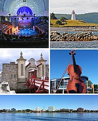 ケープブレトン地域各地の写真（左上から時計回り） – ハイランドアーツ劇場、ガバラス灯台、ビッグ・フィドル、シドニー・ウォーターフロント、ルイブール要塞の門
