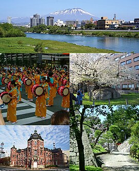 Dari atas ke bawah, kiri ke kanan: Kawasan perkotaan Morioka di sepanjang Sungai Kitakami & Gunung Iwate, Festival Sansa Odori, Pohon Ishiwarizakura, Bank of Iwate Red Brick Building, dan Kawasan Istana Morioka