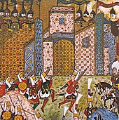 Gun-wielding Ottoman Janissaries and defending Knights of Saint John at the siege of Rhodes in 1522, from an Ottoman manuscript OttomanJanissariesAndDefendingKnightsOfStJohnSiegeOfRhodes1522.jpg