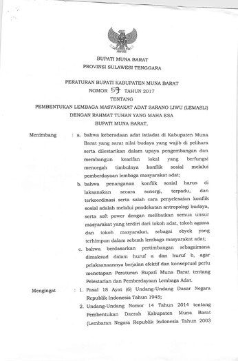 Peraturan Bupati Muna Barat Nomor 59 Tahun 2017 tentang Pembentukan Masyarakat Adat Sarano Liwu (Lemasli)