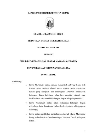 Peraturan Daerah Kabupaten Lebak Nomor 32 Tahun 2001 tentang Perlindungan Atas Hak Ulayat Masyarakat Baduy