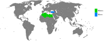 Land hvor navnene Marwa (grønt) og Merve (blått) er mye brukt.