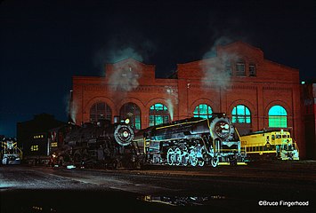 No. 2102 with 4-6-2 No. 425 and EMD GP30 No. 5513 for a night photo session at the Reading locomotive shops in 1985