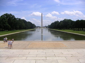One famous reflecting pool lies between the Lincoln Memorial and the Washington Monument in Washington, D.C..