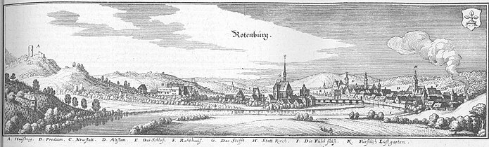 Rotenburg auf einem Stich von Matthäus Merian; ganz links der Bergfried der Burg Rodenberg