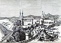 Dessin monochrome de l'abbaye de Frigolet cernée par les militaires.