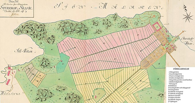 Sturehov och Sillvik då Carl Wahrendorff övertog egendomen (del 1, västra delen och del 2, östra delen). Södra delen av kartorna är beskuren. Upphovsman: Israel af Ström, 1792.