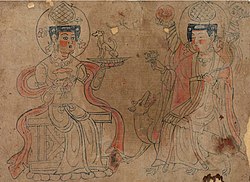 The 10th century painting "Sogdian Daenas", from Dunhuang, is a paper idol used in the Zoroastrian religion. Sogdian-Zoroastrian Deities, Tunhwang.jpg
