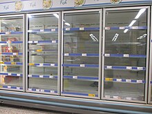 Empty refrigerated cabinets in a Morrisons supermarket in Wetherby on 22 July 2021 The effects of the 'pingdemic', Morrisons, Wetherby (22nd July 2021).jpg