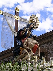 The Virgin of Charity, a Marian title of the Blessed Virgin Mary celebrated in Cartagena, Spain during the Friday of Sorrows. Virgen Caridad Cartagena.JPG