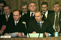 Russian President Vladimir Putin and former FSB director Nikolai Patrushev at a meeting of the board of the Federal Security Service in 2002 Vladimir Putin 18 January 2002-2.jpg