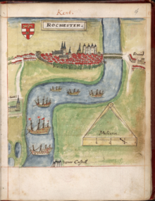 A map of Rochester by William Smith (1588) with the castle and cathedral towering over the town. Sloane MS 2596, f.16. William Smith Rochester, Kent 1588.png