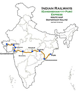 (Gandhidham - Puri) Express route map