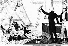 Banker Nicholas Biddle, portrayed as the devil, along with several speculators and hirelings, flee as the bank collapses while Jackson's supporters cheer.