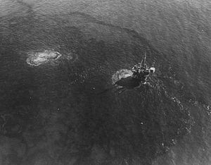 Aerial view of the spill from Platform A. After the well was plugged on the rig, the high-pressure oil and gas left the well bore, ripping through the floor of the ocean itself 200 feet (61 m) down; this is causing the surface disturbance to the left of the rig. 1969 Santa Barbara Oil Spill CA.jpg