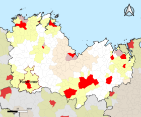 Localisation de l'aire d'attraction de Rostrenen dans le département des Côtes-d'Armor.