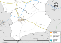 Carte en couleur présentant le réseau hydrographique de la commune