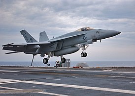 F/A-18E совершает посадку на авианосец USS Theodore Roosevelt (CVN-71). 2006 год